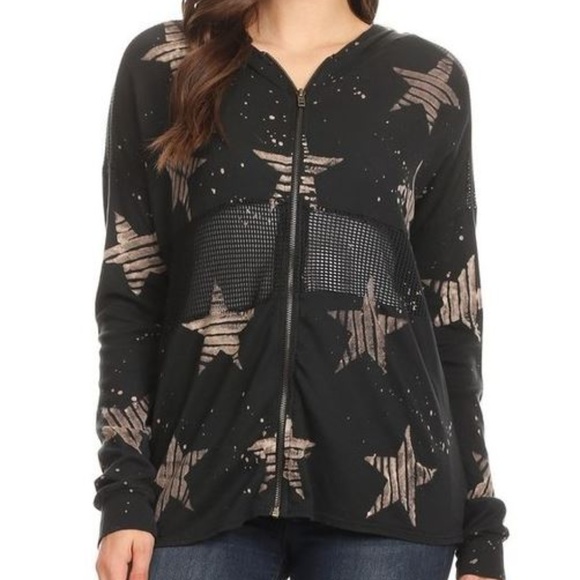 T Party Fashion Tops - T Party zip up hoodie star design mesh detail